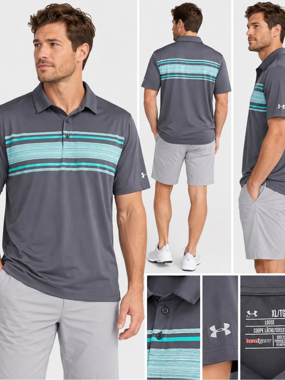 Under Armour HeatGear Men’s Playoff Golf Polo – Gray/Teal Striped – XL